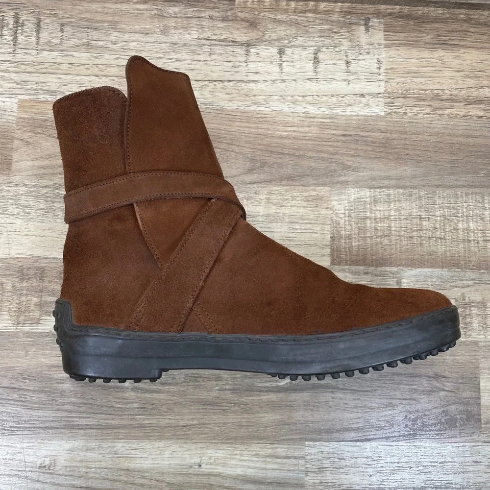 Tod's Men Brown Suede Buckle Strap Ankle Boots Pebble Soles UK 9 - US 10.5 EUC